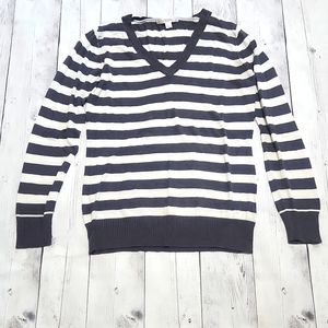 Old Navy Large Gray and White Striped V Neck Sweater